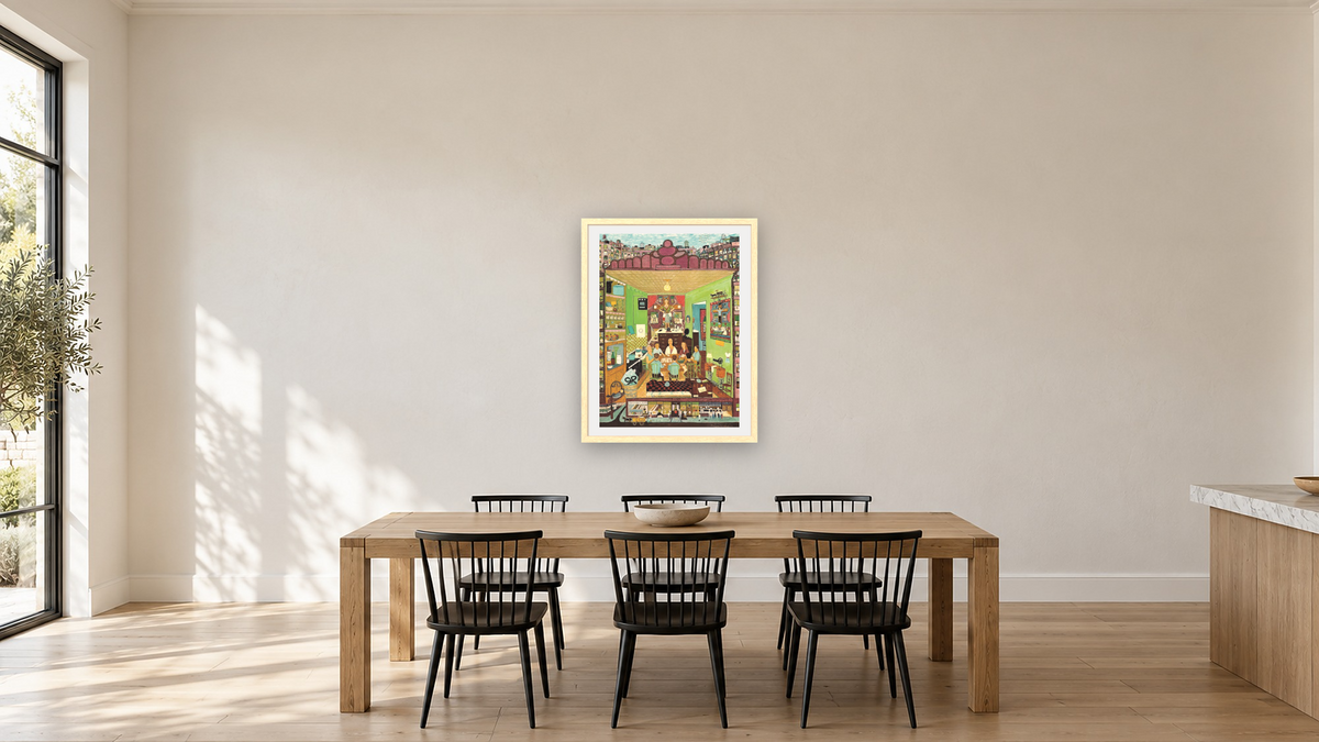 Family Supper by Ralph Fasanella, shown at 30 × 40 in (76.2 × 101.6 cm) in Arber Natural, kitchen