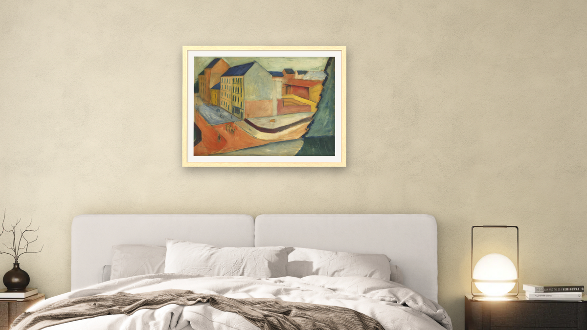 Unsere Strasse mit Reitbahn, Bonn by August Macke, shown at 30 × 40 in (76.2 × 101.6 cm) in Arber Natural, bedroom
