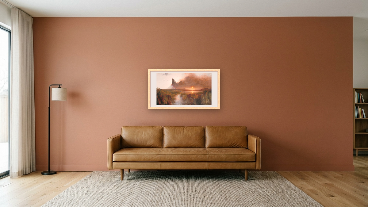 Cotopaxi by Frederic Edwin Church, shown at 20 × 40 in (50.8 × 101.6 cm) in Arber Natural, media room