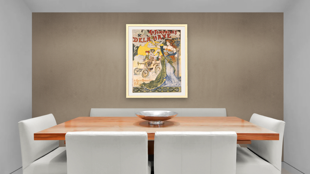 Automobiles Delahaye Poster, shown at 30 × 40 in (76.2 × 101.6 cm) in Arber Natural, dining