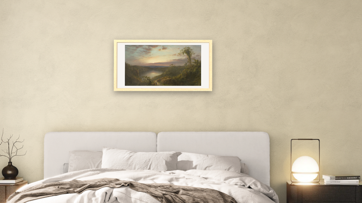 Sunset in the Tropics by Frederic Edwin Church, shown at 20 × 40 in (50.8 × 101.6 cm) in Arber Natural, bedroom