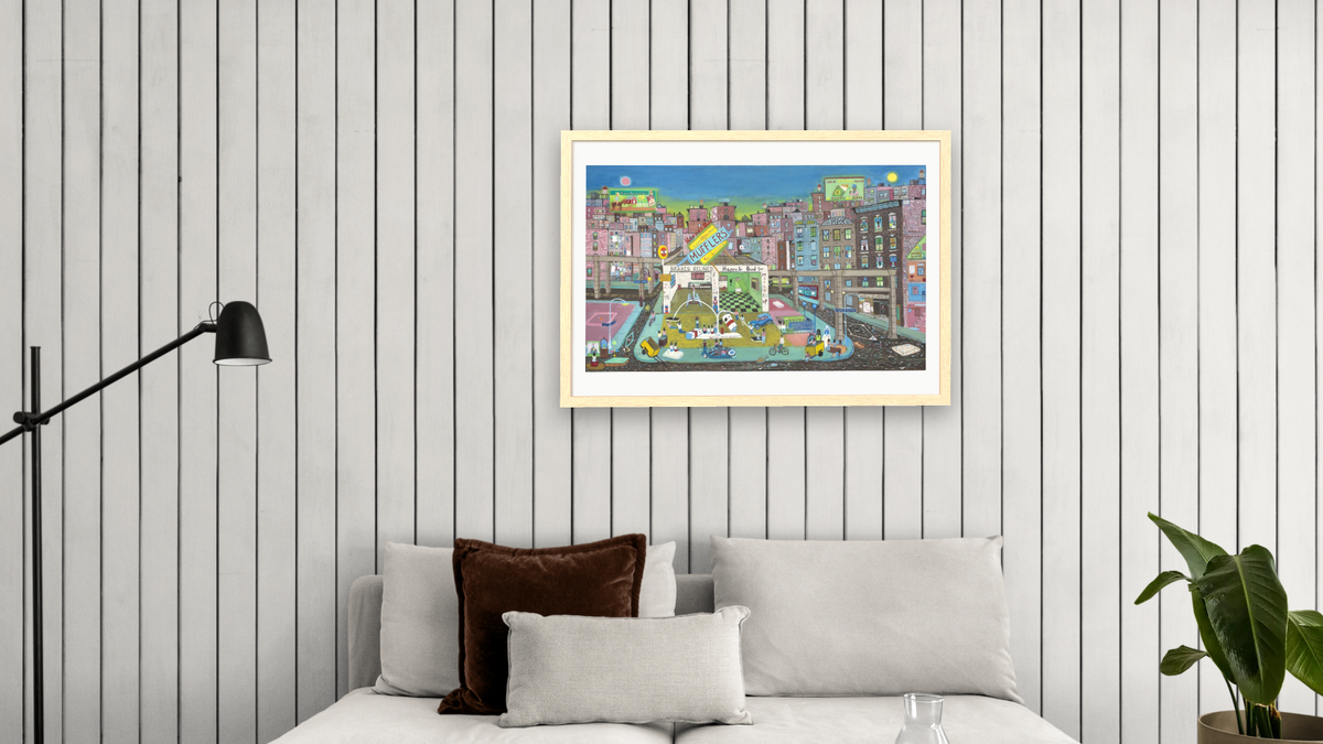 Gas Station Playground by Ralph Fasanella, shown at 28 × 42 in (71.1 × 106.7 cm) in Arber Natural, living
