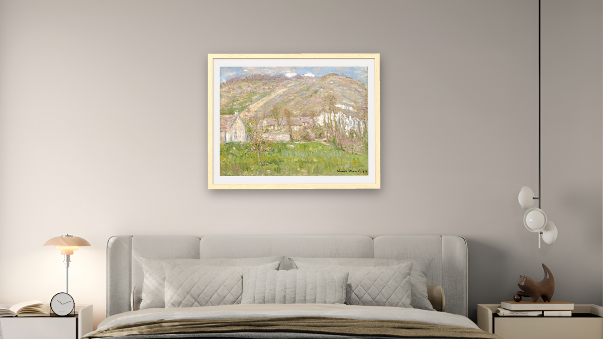 Hamlet On The Cliffs Near Giverny by Claude Monet, shown at 30 × 40 in (76.2 × 101.6 cm) in Arber Natural, bedroom