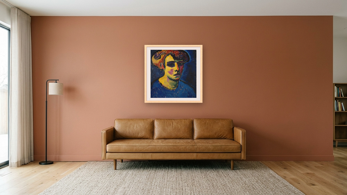 Frauenkopf [Head of a Woman] by Alexei Jawlensky, shown at 32 × 32 in (81.3 × 81.3 cm) in Arber Natural, media room