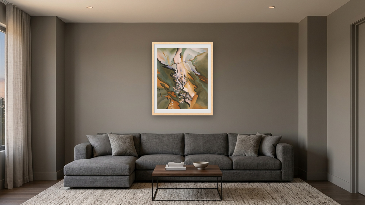From the Lake No. 3 by Georgia O'Keeffe, shown at 32 × 40 in (81.3 × 101.6 cm) in Arber Natural, media room