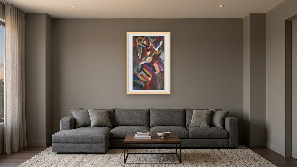 Composition III by Patrick Henry Bruce, shown at 28 × 42 in (71.1 × 106.7 cm) in Arber Natural, media room