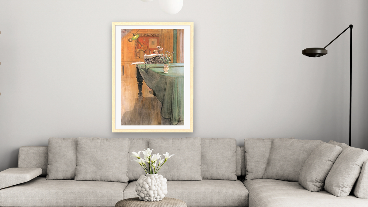 Young Girl at a Grand Piano by Carl Larsson, shown at 28 × 42 in (71.1 × 106.7 cm) in Arber Natural, living