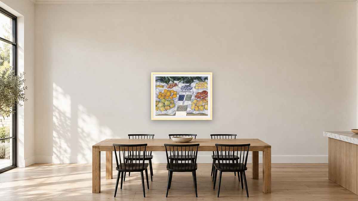 Fruit Displayed on a Stand by Gustave Caillebotte, shown at 30 × 40 in (76.2 × 101.6 cm) in Arber Natural, kitchen
