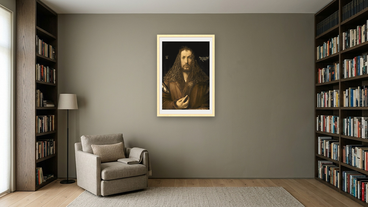 Self Portrait at the Age of Twenty-Eight by Albrecht Dürer, shown at 28 × 42 in (71.1 × 106.7 cm) in Arber Natural, library