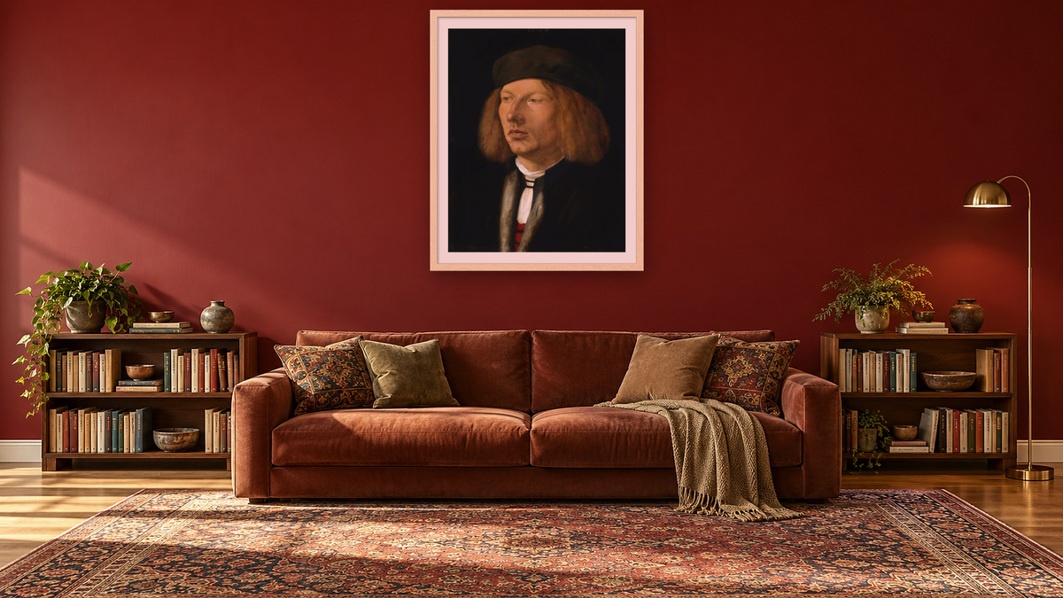 Portrait of Burkhard of Speyer by Albrecht Dürer, shown at 32 × 40 in (81.3 × 101.6 cm) in Arber Natural, library