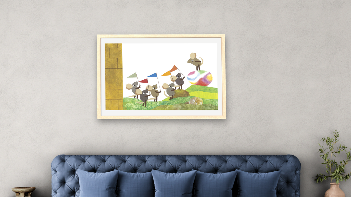Tillie and the Wall I by Leo Lionni, shown at 28 × 42 in (71.1 × 106.7 cm) in Arber Natural, bedroom