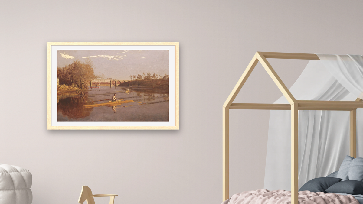 Max Schmitt in a Single Scull by Thomas Eakins, shown at 28 × 42 in (71.1 × 106.7 cm) in Arber Natural, bedroom