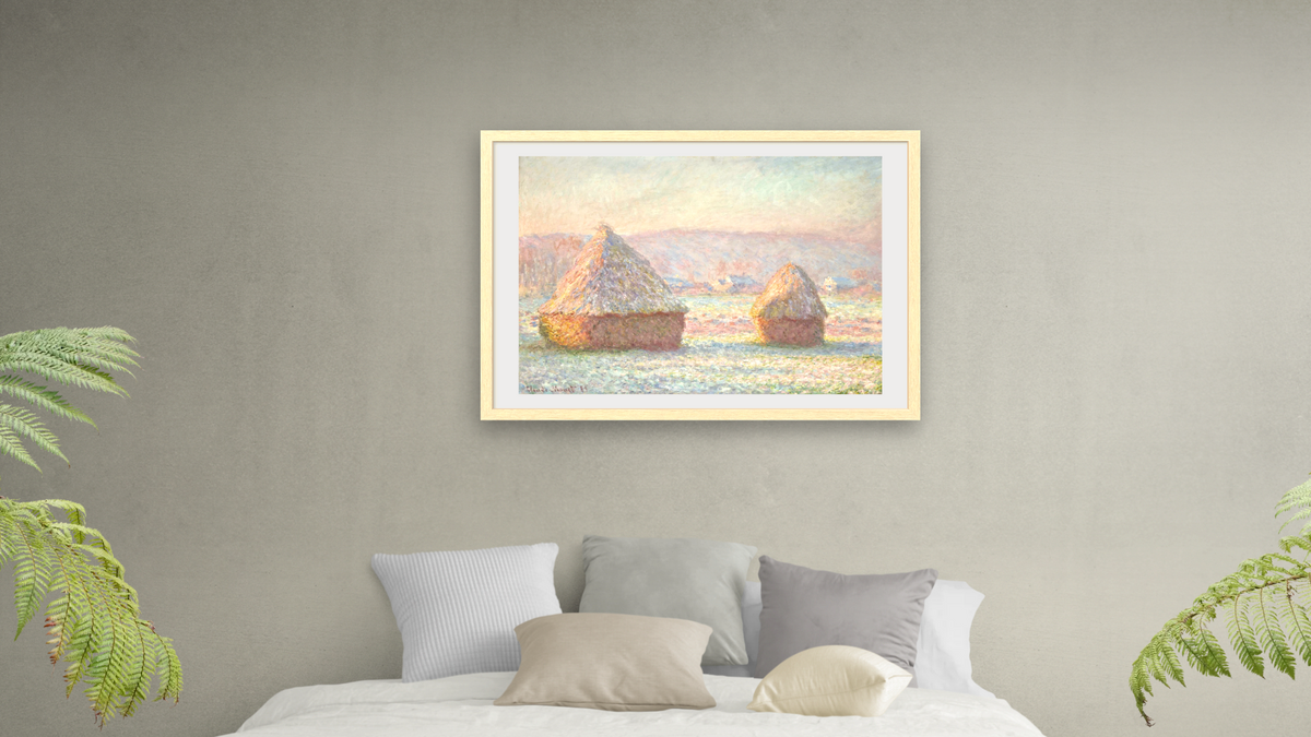 Grainstacks, White Frost Effect by Claude Monet, shown at 28 × 42 in (71.1 × 106.7 cm) in Arber Natural, bedroom