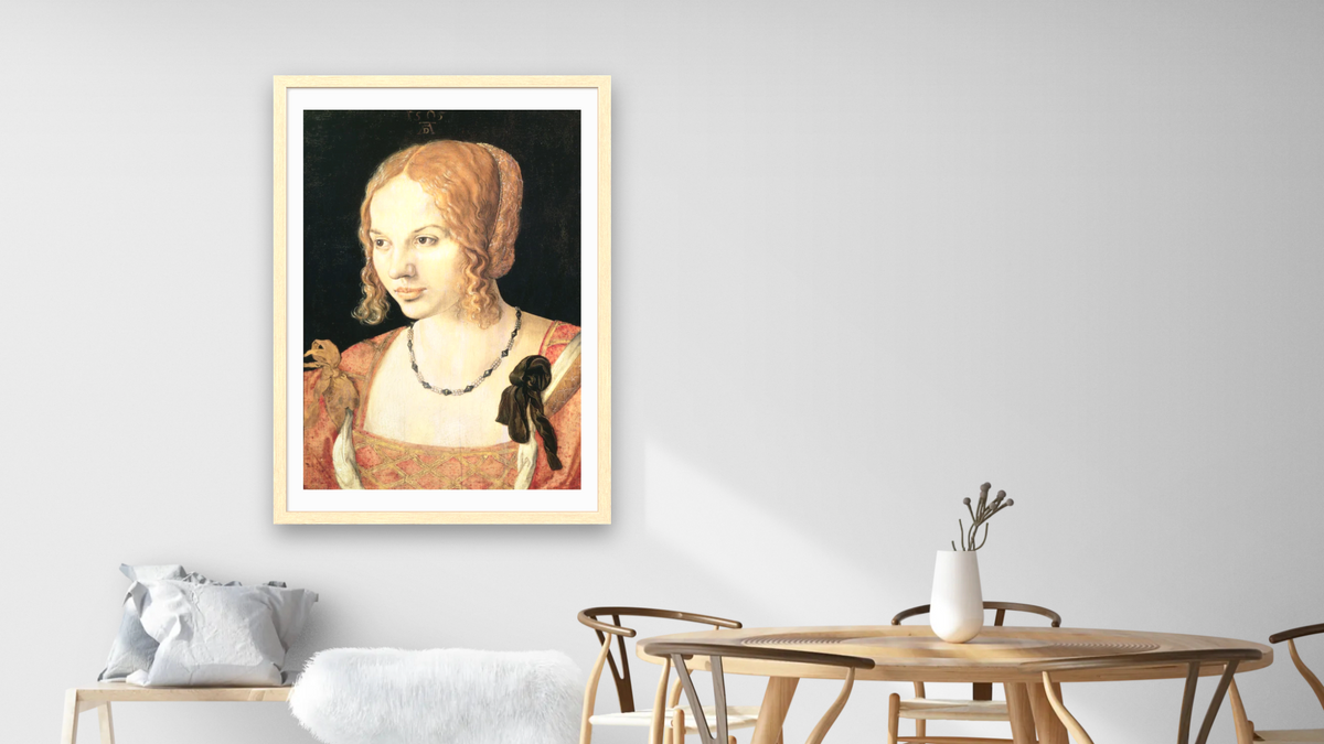 Young Venetian Woman by Albrecht Dürer, shown at 28 × 42 in (71.1 × 106.7 cm) in Arber Natural, dining