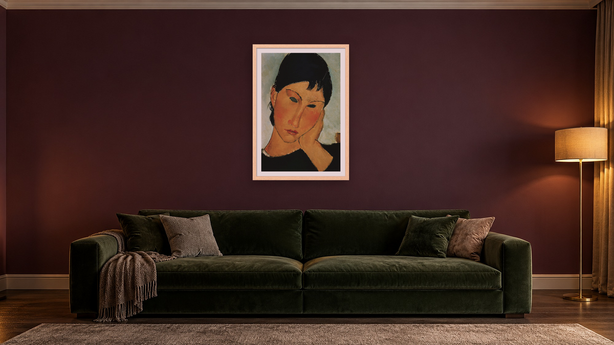 Detail of Female Head from Elvira Resting at a Table by Amedeo Modigliani, shown at 28 × 42 in (71.1 × 106.7 cm) in Arber Natural, den