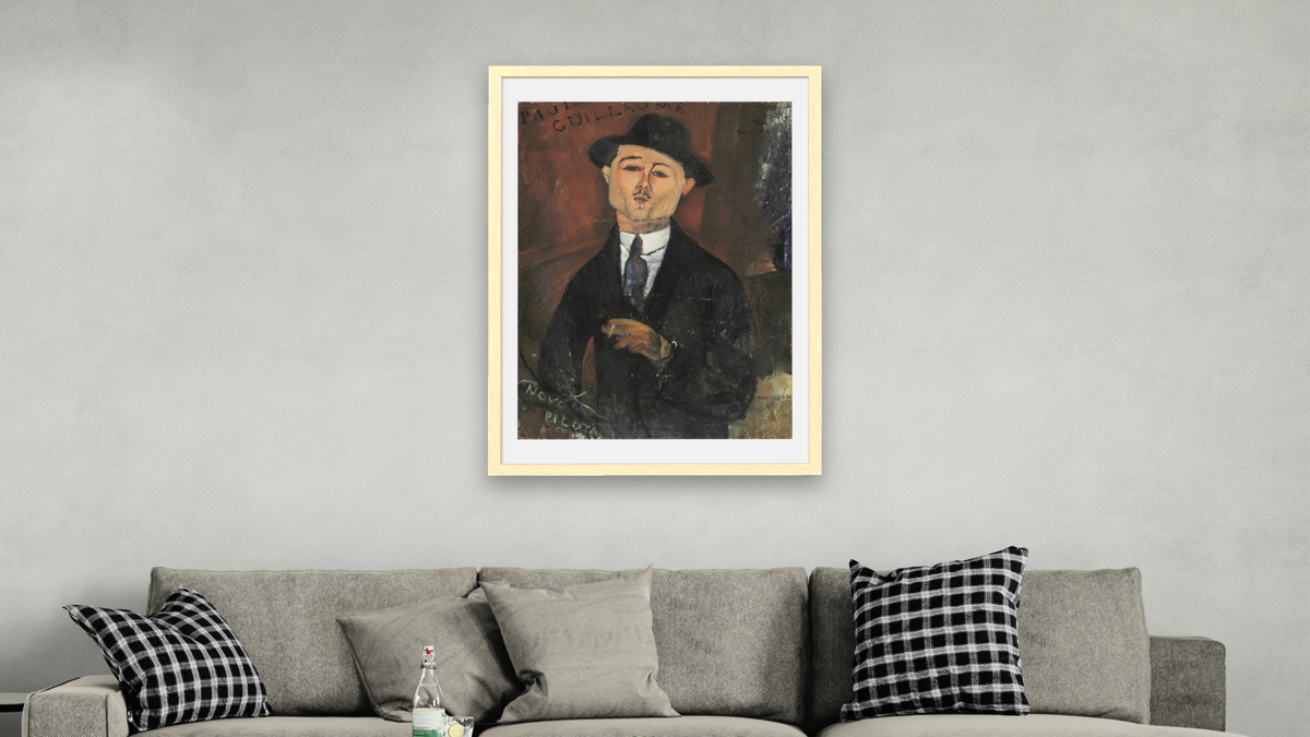 Paul Guillaume, Novo Pilota by Amedeo Modigliani, shown at 28 × 42 in (71.1 × 106.7 cm) in Arber Natural, living