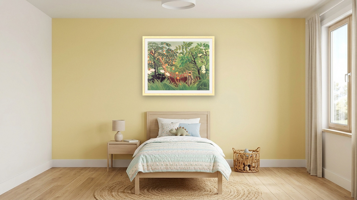 Exotic Landscape by Henri Rousseau, shown at 32 × 40 in (81.3 × 101.6 cm) in Arber Natural, kids' room