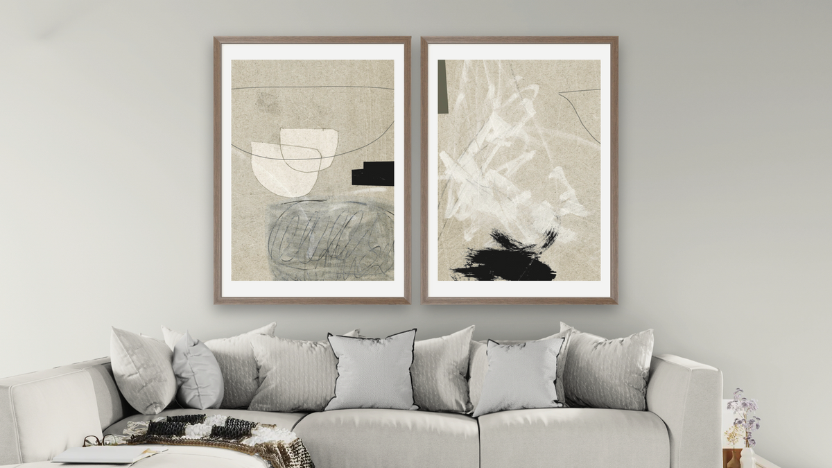 Diptych — Lifestyle 1 × Lifestyle 2, shown at 28 × 42 in (71.1 × 106.7 cm) in Arber Light Walnut, living