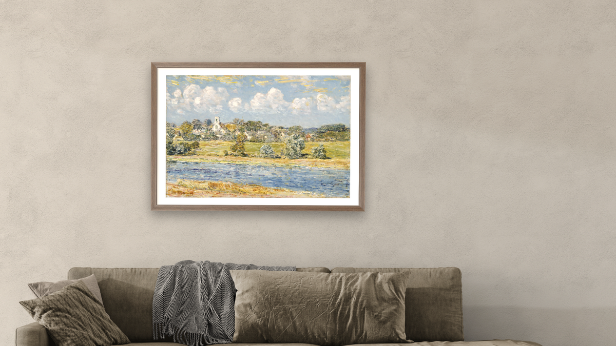Landscape at Newfields, New Hampshire by Childe Hassam, shown at 28 × 42 in (71.1 × 106.7 cm) in Arber Light Walnut, living