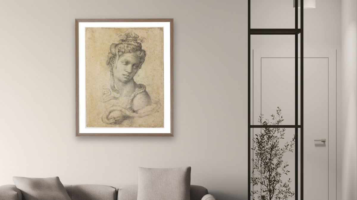 Cleopatra, c. 1532-1533 by Michelangelo, shown at 32 × 40 in (81.3 × 101.6 cm) in Arber Light Walnut, living