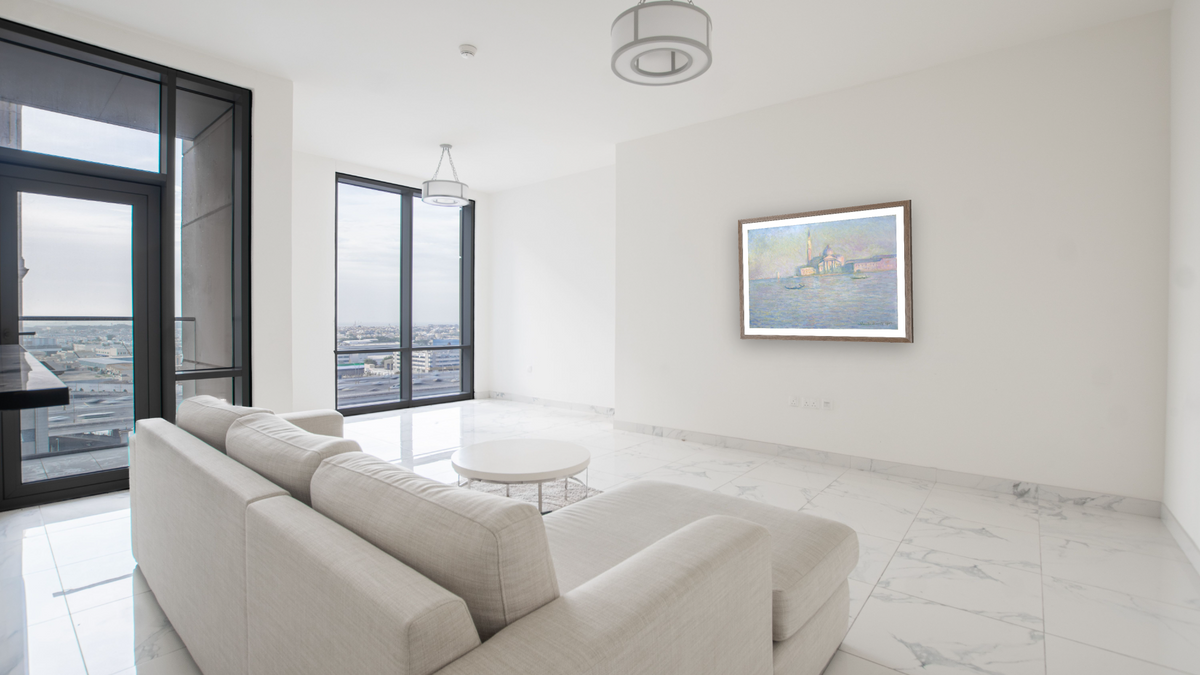 The Church of San Giorgio Maggiore, Venice by Claude Monet, shown at 30 × 42 in (76.2 × 106.7 cm) in Arber Light Walnut, living