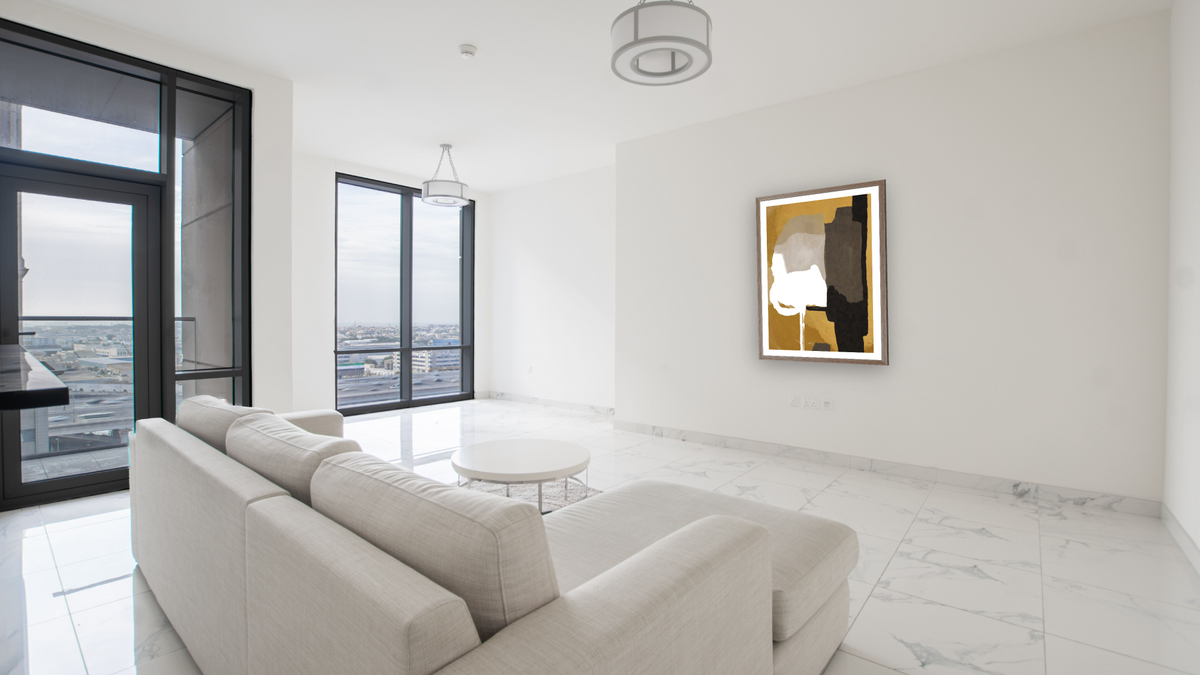 Clue by Dan Hobday, shown at 30 × 42 in (76.2 × 106.7 cm) in Arber Light Walnut, living