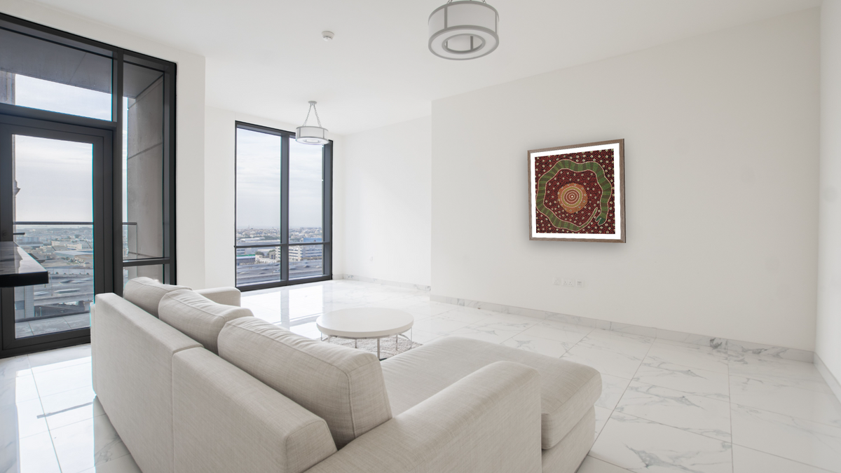 Warnampi Tingari by Dick Pantimas Tjupurrula, shown at 32 × 32 in (81.3 × 81.3 cm) in Arber Light Walnut, living
