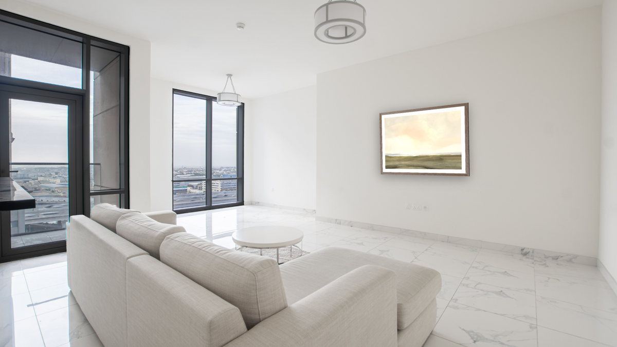 Estuary Dream by Dan Hobday, shown at 30 × 42 in (76.2 × 106.7 cm) in Arber Light Walnut, living
