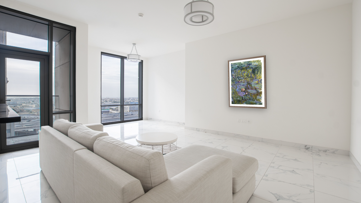 Water Lilies by Claude Monet, shown at 29 × 40 in (73.7 × 101.6 cm) in Arber Light Walnut, living