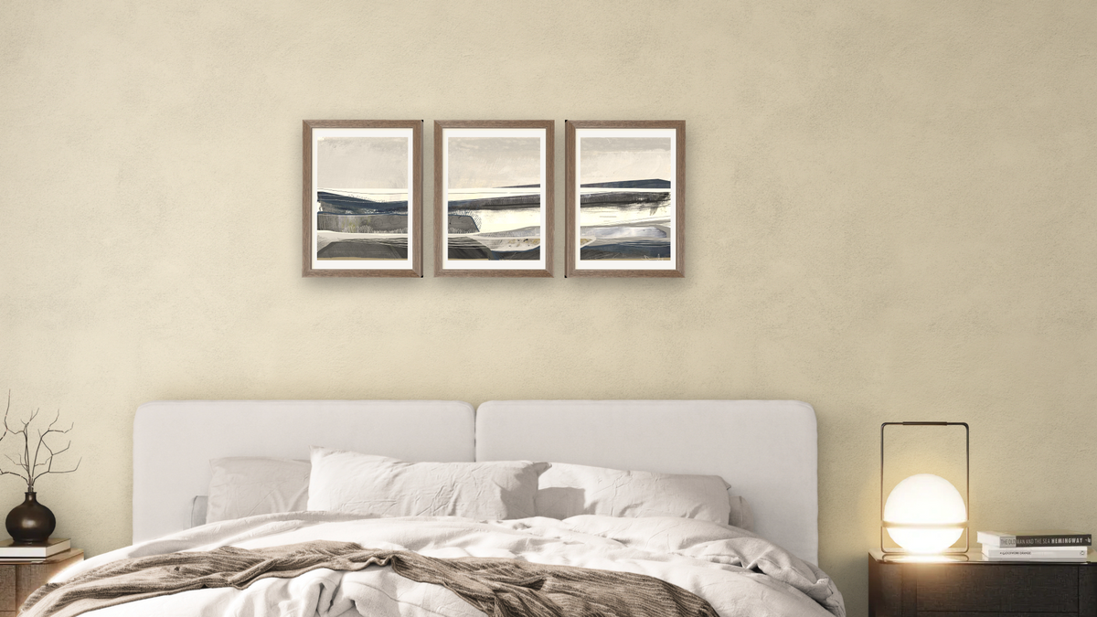 Triptych — Bay 1 × Bay 2 × Bay 3, shown at 14 × 21 in (35.6 × 53.3 cm) in Arber Light Walnut, bedroom