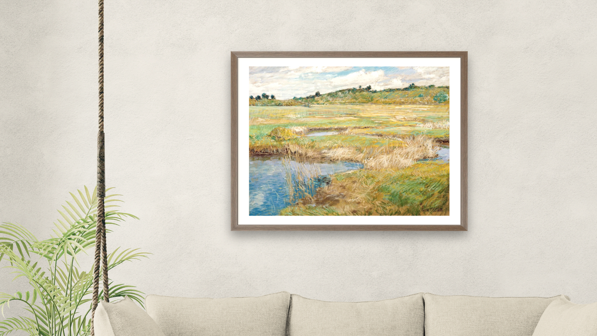 The Concord Meadow, Concord, Massachusetts by Childe Hassam, shown at 32 × 40 in (81.3 × 101.6 cm) in Arber Light Walnut, living