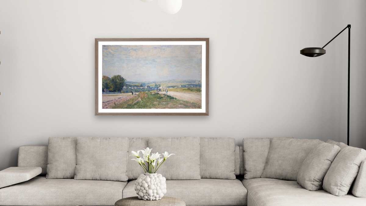 The Road to Montbuisson at Louveciennes by Alfred Sisley, shown at 28 × 42 in (71.1 × 106.7 cm) in Arber Light Walnut, living