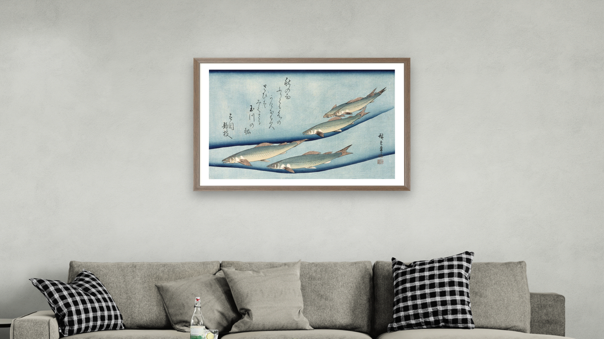 River Trout by Andō Hiroshige, shown at 28 × 42 in (71.1 × 106.7 cm) in Arber Light Walnut, living