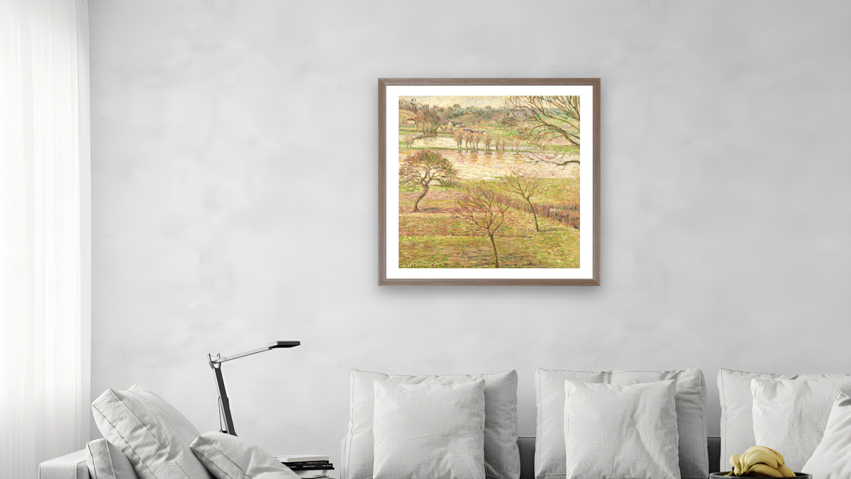 The Flood at Eragny by Camille Pissarro, shown at 32 × 32 in (81.3 × 81.3 cm) in Arber Light Walnut, living