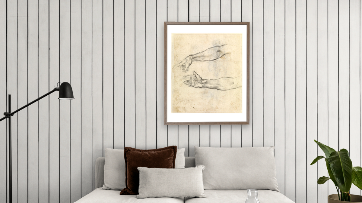 Study of two arms for 'The Drunkenness of Noah' in the Sistine Chapel by Michelangelo Buonarroti, shown at 32 × 40 in (81.3 × 101.6 cm) in Arber Light Walnut, living