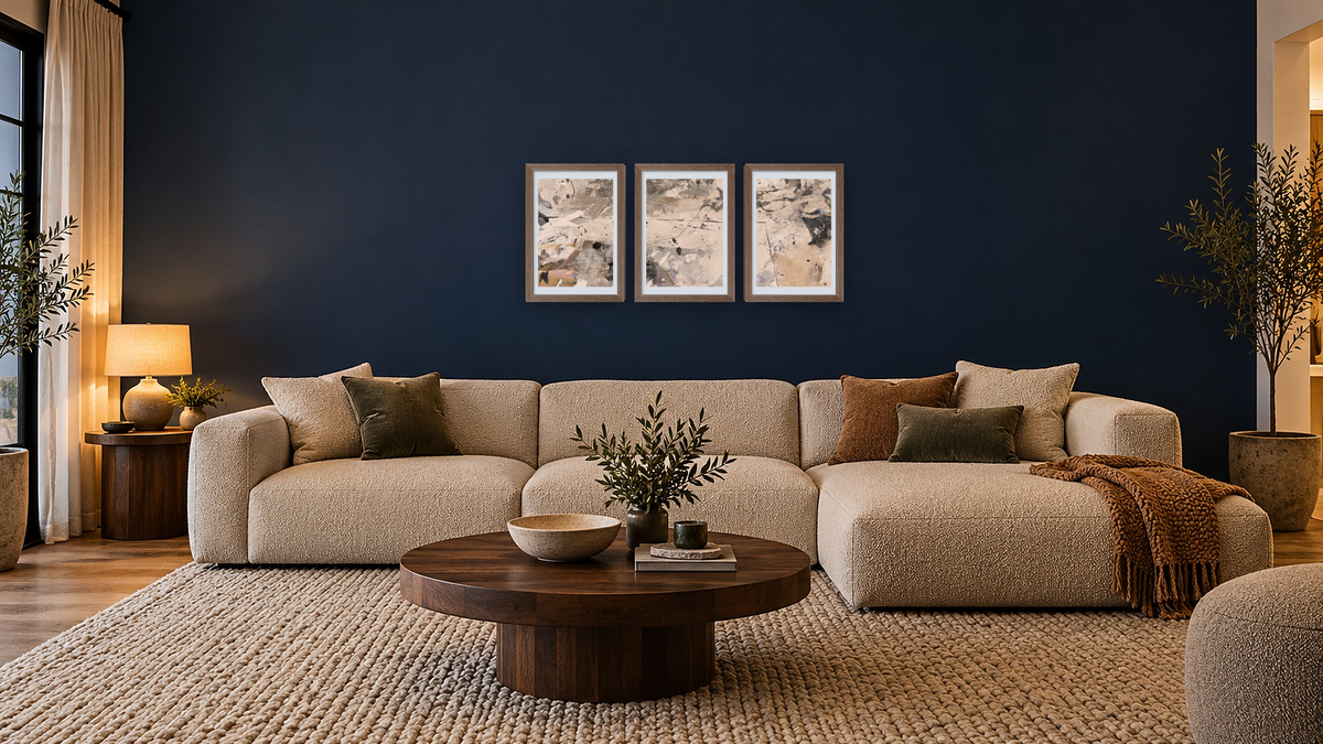 Triptych — Earth 1 × Earth 2 × Earth 3, shown at 14 × 21 in (35.6 × 53.3 cm) in Arber Light Walnut, media room