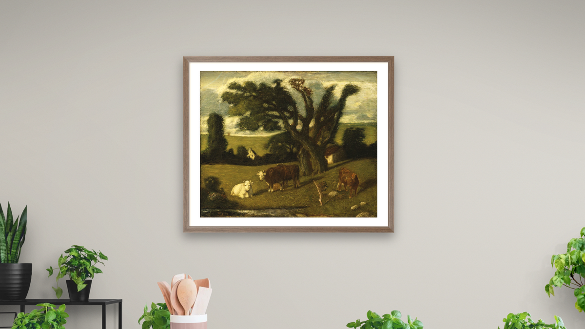 Pastoral Study by Albert Pinkham Ryder, shown at 32 × 40 in (81.3 × 101.6 cm) in Arber Light Walnut, dining
