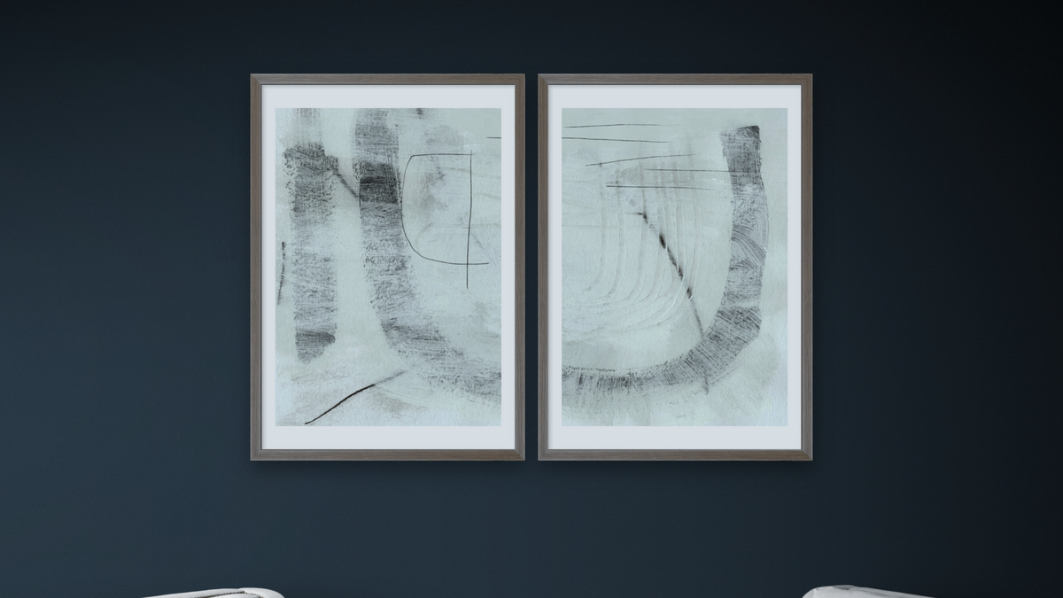 Diptych — Real 1 × Real 2, shown at 28 × 42 in (71.1 × 106.7 cm) in Arber Light Walnut, office