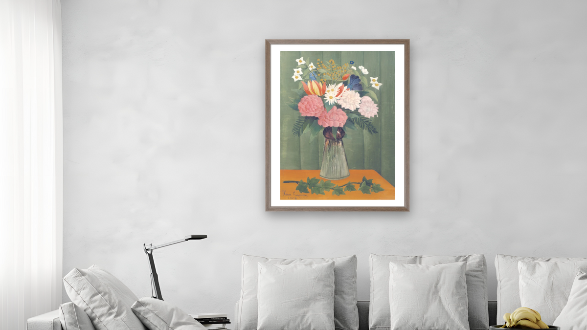 Flowers in a Vase by Henri Rousseau, shown at 30 × 40 in (76.2 × 101.6 cm) in Arber Light Walnut, living