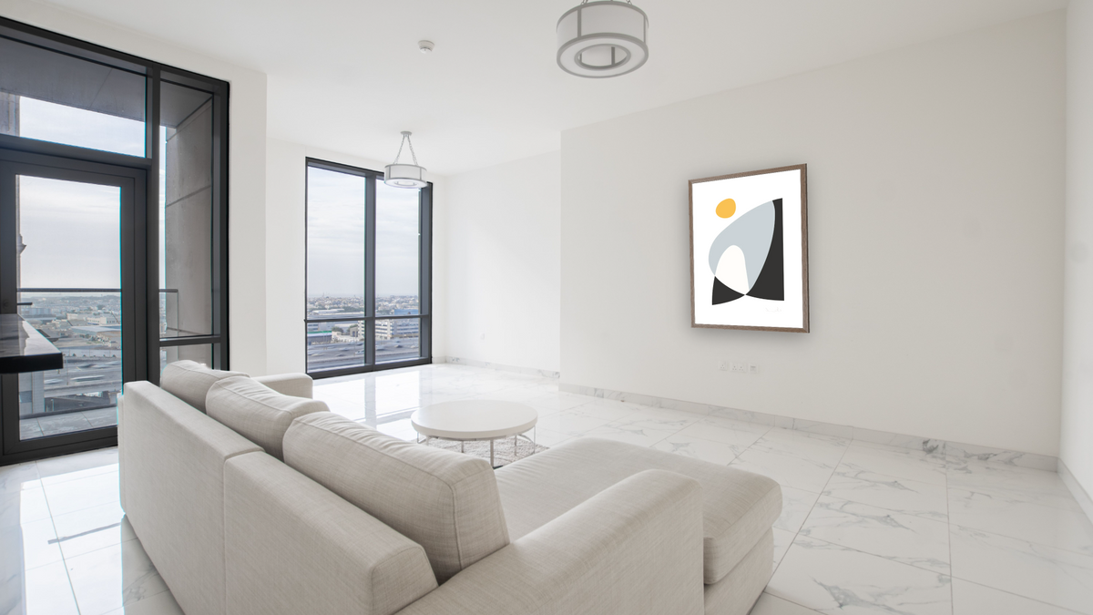 Dance by Dan Hobday, shown at 30 × 42 in (76.2 × 106.7 cm) in Arber Light Walnut, living