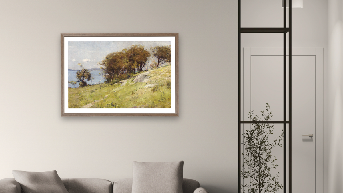 Cremorne pastoral by Arthur Streeton, shown at 28 × 42 in (71.1 × 106.7 cm) in Arber Light Walnut, living