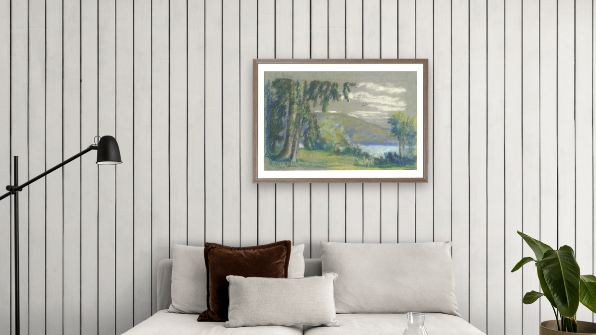 Landscape from A.B. Davies book, edition #3/50 by Arthur Bowen Davies, shown at 28 × 42 in (71.1 × 106.7 cm) in Arber Light Walnut, living