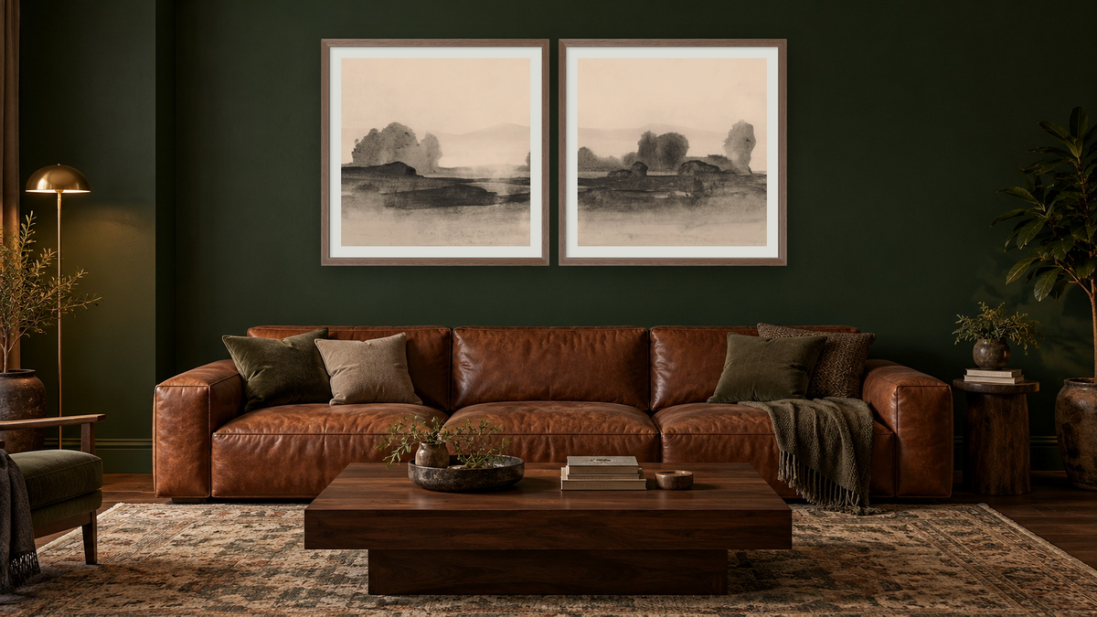 Diptych — Land 1 SQ × Land 2 SQ, shown at 32 × 32 in (81.3 × 81.3 cm) in Arber Light Walnut, den