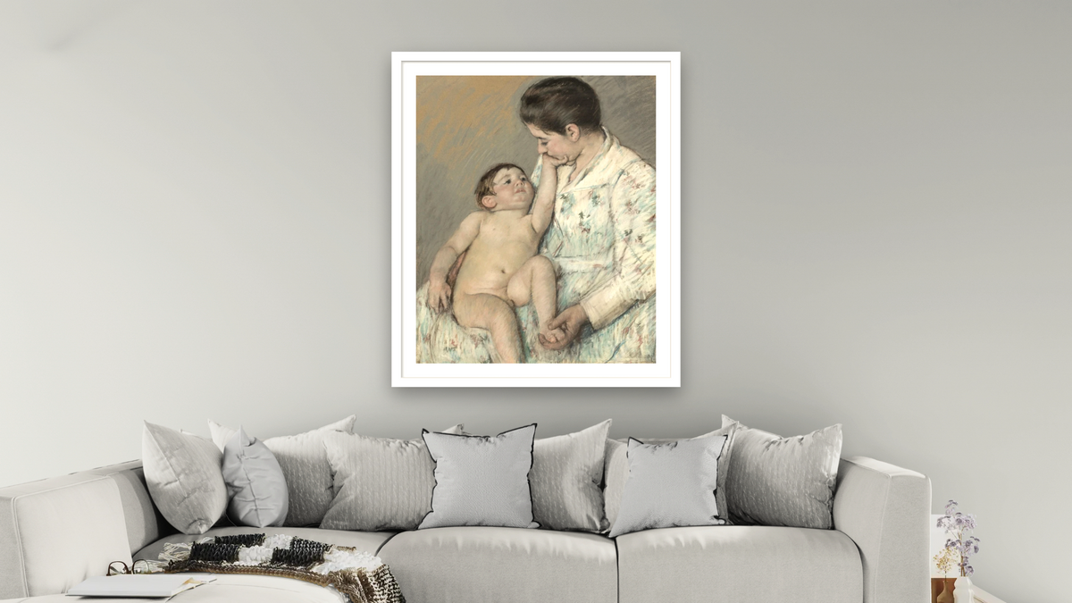 A Caress by Mary Cassatt, shown at 32 × 40 in (81.3 × 101.6 cm) in Arber Light Walnut, living