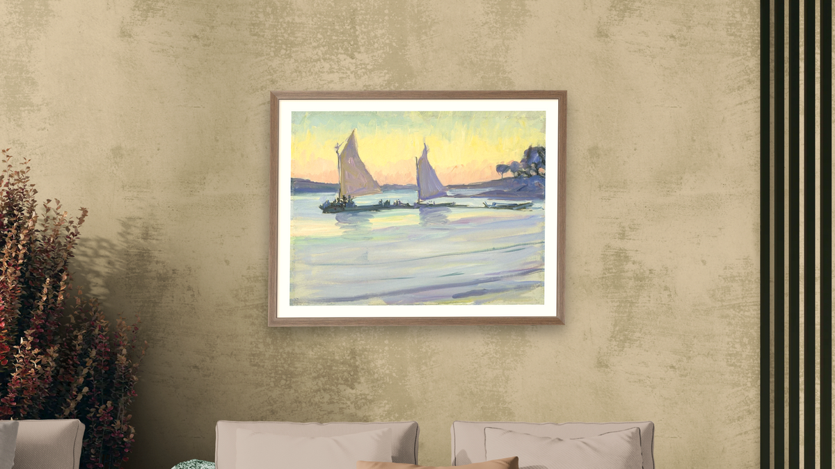 Boats on the Nile, Dawn by Jane Peterson, shown at 30 × 40 in (76.2 × 101.6 cm) in Arber Light Walnut, living