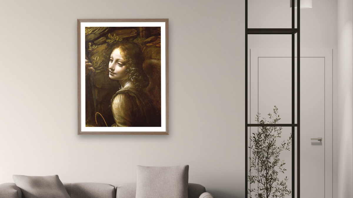 Detail of the Angel, from The Virgin of the Rocks (The Virgin with the Infant St. John adoring the Infant Christ accompanied by an Angel) by Leonardo da Vinci, shown at 30 × 40 in (76.2 × 101.6 cm) in Arber Light Walnut, living