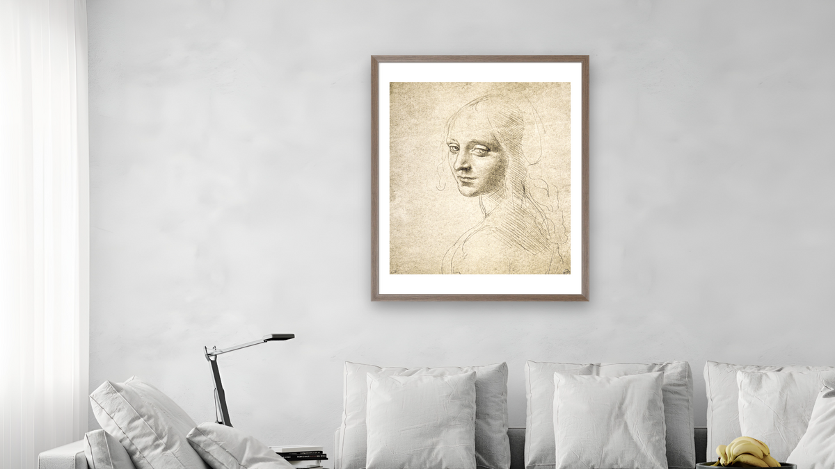 Study for the Head of a Girl by Leonardo da Vinci, shown at 32 × 40 in (81.3 × 101.6 cm) in Arber Light Walnut, living