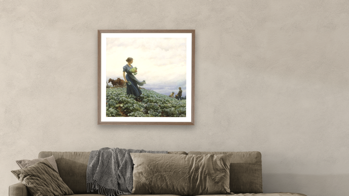 The Cabbage Field by Charles Courtney Curran, shown at 32 × 32 in (81.3 × 81.3 cm) in Arber Light Walnut, living