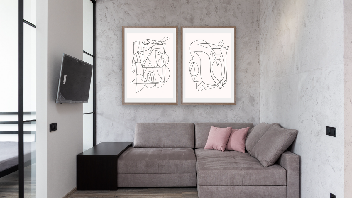 Diptych — Daily 1 × Daily 2, shown at 28 × 42 in (71.1 × 106.7 cm) in Arber Light Walnut, media room