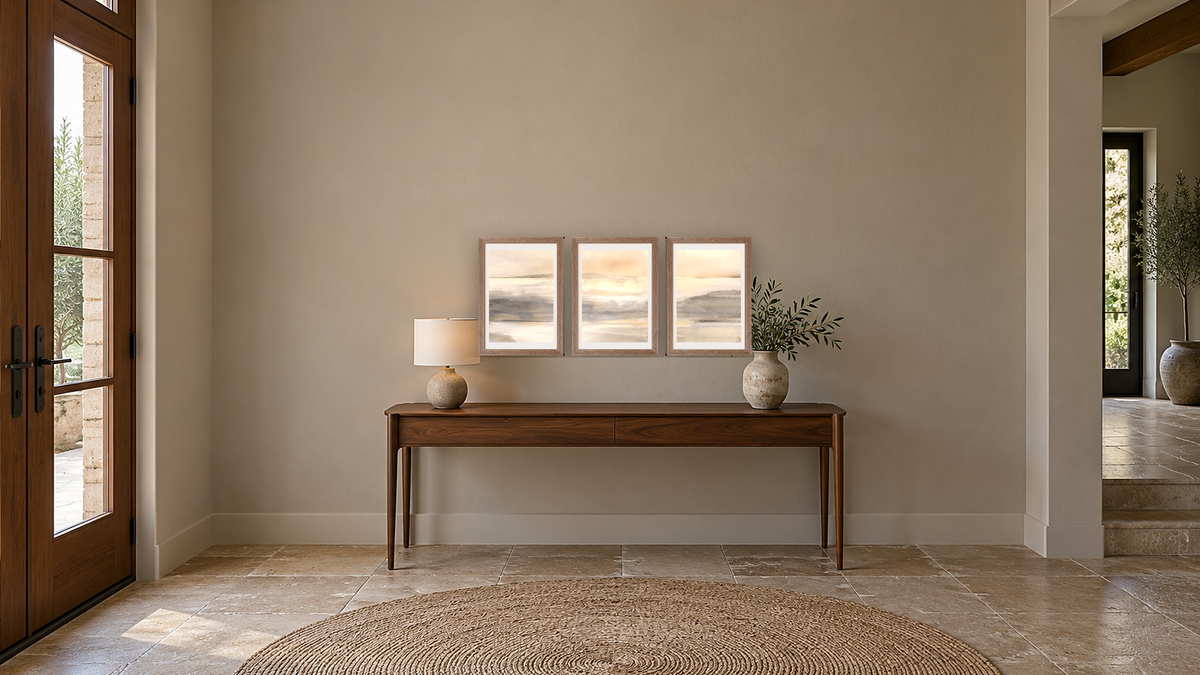 Triptych — Land 1 × Land 2 × Land 3, shown at 14 × 21 in (35.6 × 53.3 cm) in Arber Light Walnut, hallway